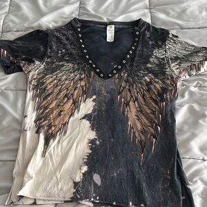 AFFLICTION Stylish Black , Brown , and metallic Pink Winged Women's Top .